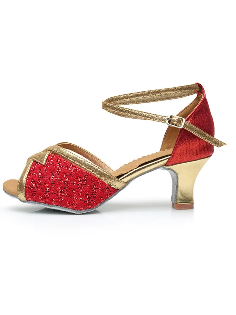 Women's Dancewear Shoes Peep Toe Ankle Strap Heel Glitter Latin Shoes