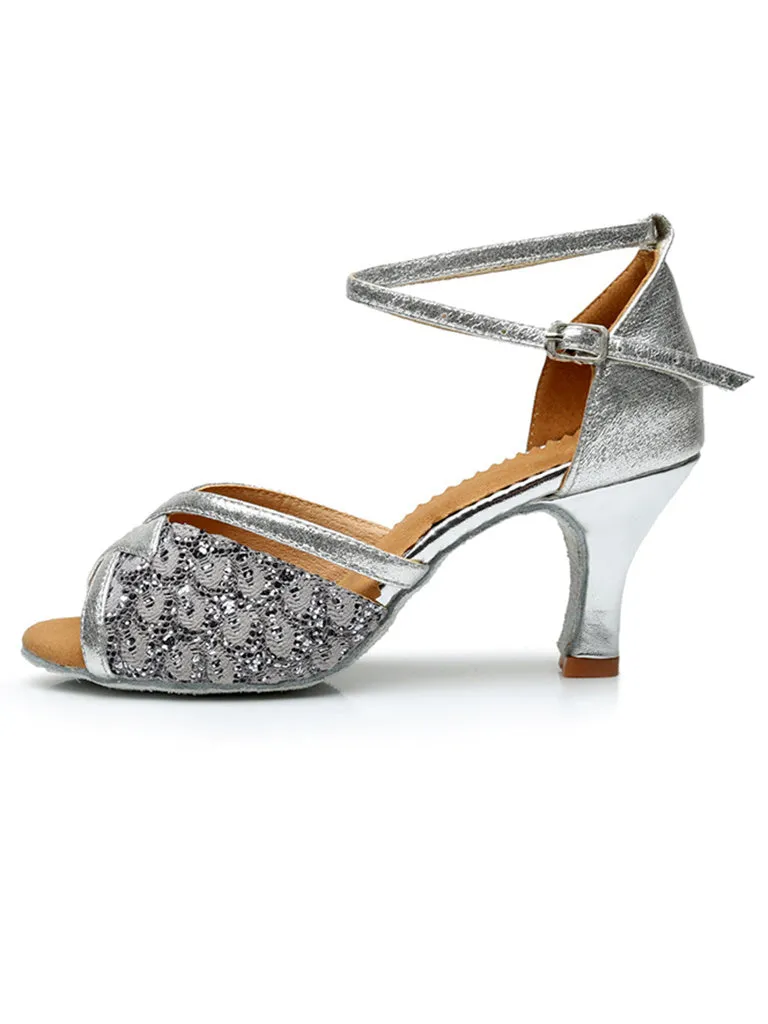 Women's Dancewear Shoes Peep Toe Ankle Strap Heel Glitter Latin Shoes