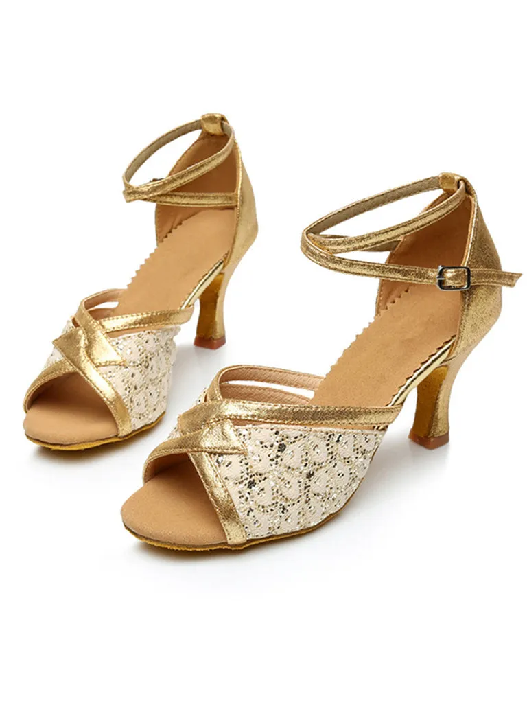 Women's Dancewear Shoes Peep Toe Ankle Strap Heel Glitter Latin Shoes