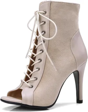 Women's Peep Toe Stiletto Dance Shoes Lace Up High Heel Short Booties Evening Wedding Party Jeans Dress Ankle Boots