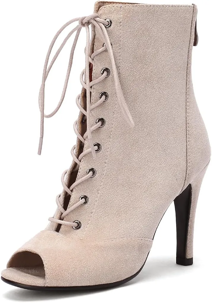 Women's Peep Toe Stiletto Dance Shoes Lace Up High Heel Short Booties Evening Wedding Party Jeans Dress Ankle Boots